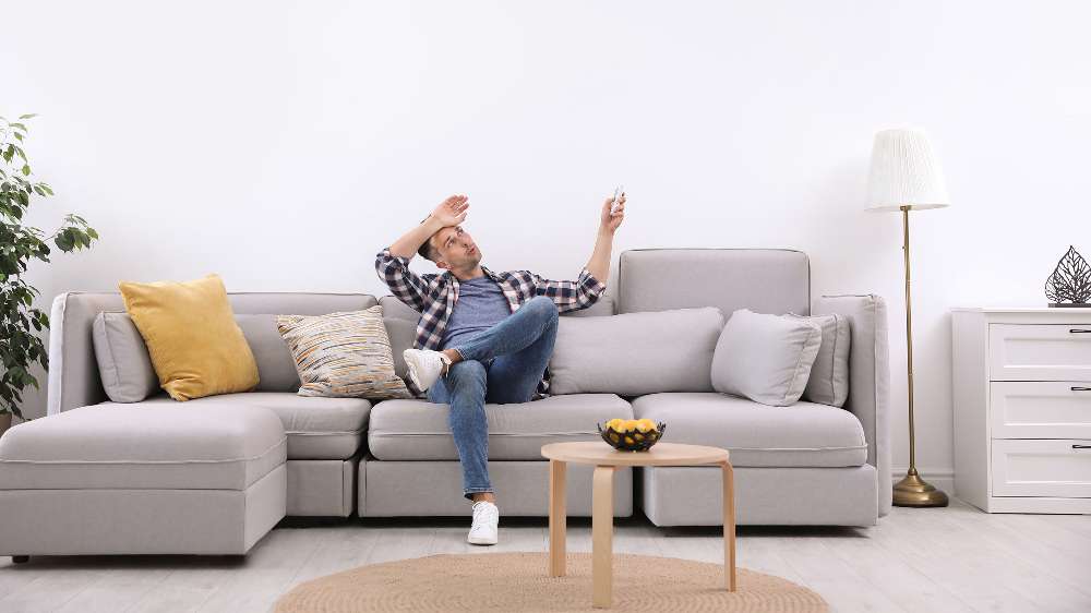 A man sits on a light gray sofa in a living room, pointing a remote control toward the ceiling—possibly air conditioner troubleshooting. A coffee table, lamp, plant, and throw pillows are visible.