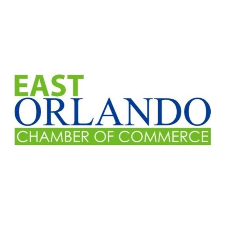 Logo featuring "East Orlando Chamber of Commerce" in green and blue text on a white background, representing the vibrant business community of Orlando.