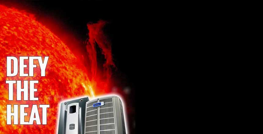 Large sun in the background with two Air Pros air conditioning units in the foreground; text reads “Defy the Heat” on the left side—perfect for homeowners looking to stay cool and comfortable, no matter how intense The Sun gets.