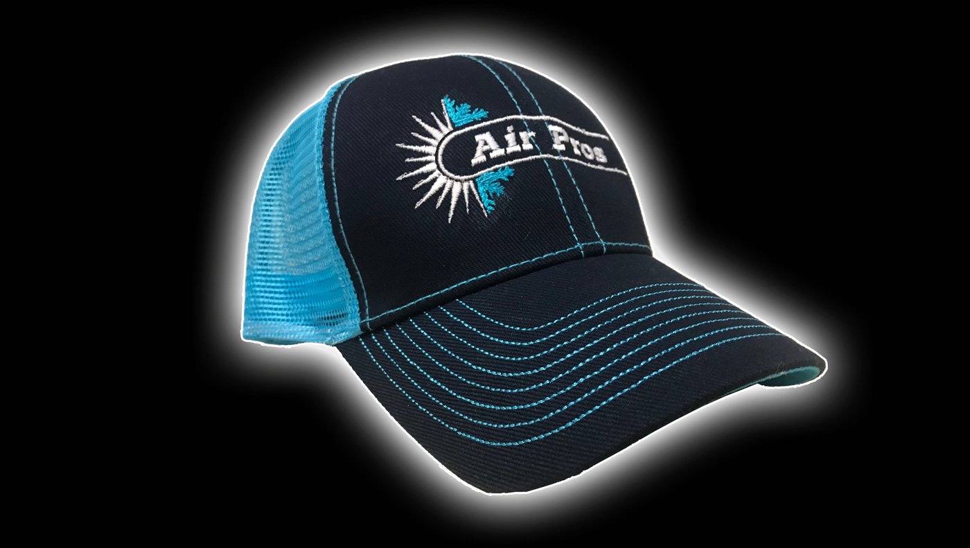 A black and blue trucker hat with turquoise stitching and mesh, featuring the "AirPros" logo embroidered on the front. Get this stylish free cap to elevate your look.