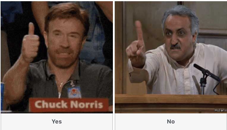Split image: Left shows a homeowner with a "Chuck Norris" nameplate giving a thumbs up; right shows another man at a microphone raising his index finger. Captions read "Yes" under left and "No" under right—Central AC annual savings approved!.