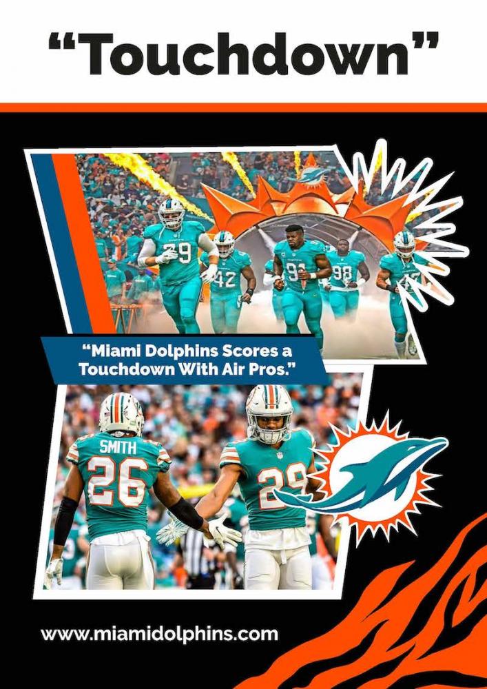 Miami Dolphins football players enter the field and celebrate a play; text highlights a partnership with Air Pros USA as the official AC partner and the team's touchdown.