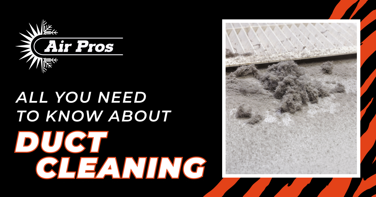 A dirty air vent covered in dust next to the text "Air Pros: All you need to know about duct cleaning and outdoor AC unit parts.