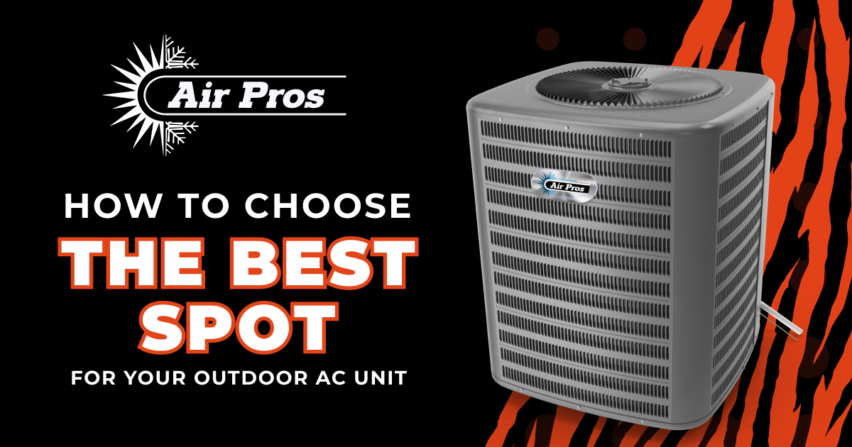 An outdoor AC unit with the Air Pros logo next to text that reads: "How to choose the best spot for your outdoor AC unit.