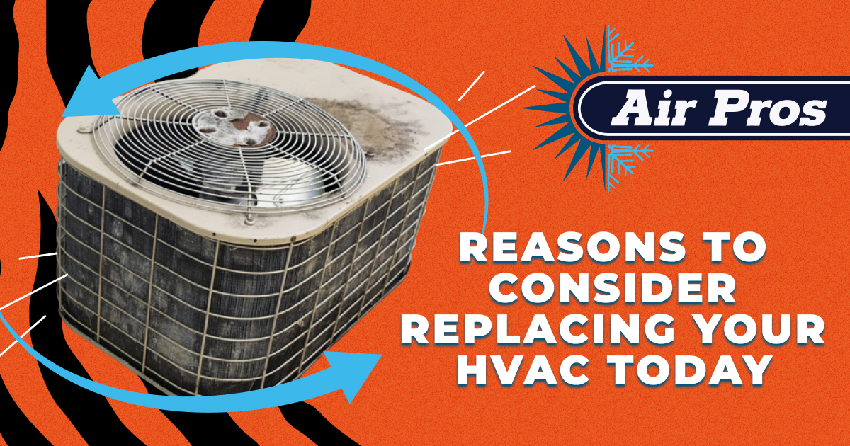 Old HVAC unit with visible dirt and rust, next to text reading "Reasons to Consider Replacing Your HVAC Today" and "Air Pros" logo on an orange background, highlights the importance of timely HVAC replacement for better efficiency.