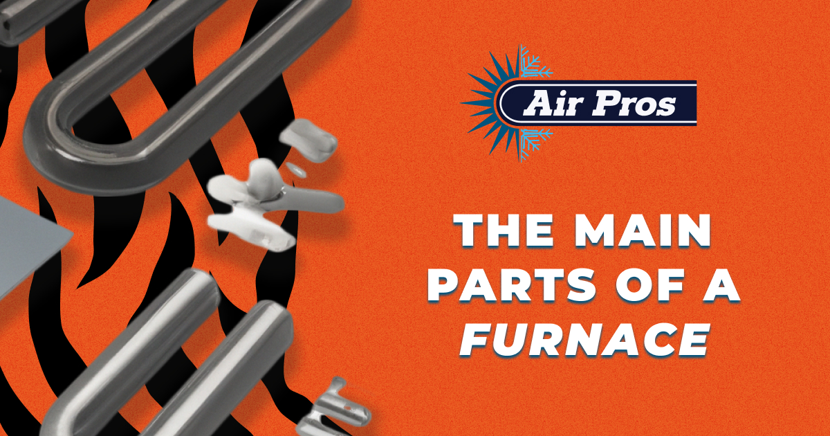 Diagram displaying various furnace parts against a flame pattern background, featuring the Air Pros logo and the text "The main parts of a furnace"—perfect for those searching for heater repairs near me.