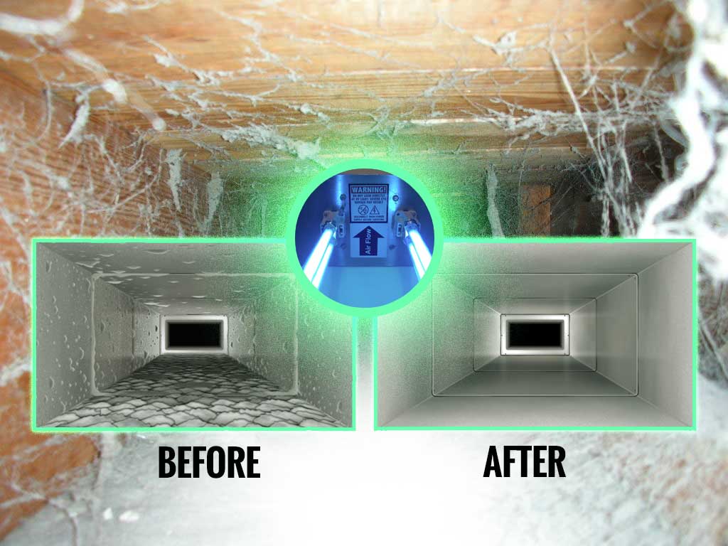 Side-by-side view of air ducts: the left shows a dirty duct full of airborne nasties labeled "Before," and the right shows a clean duct labeled "After," with a cleaning robot in the center—helping protect your family's health.