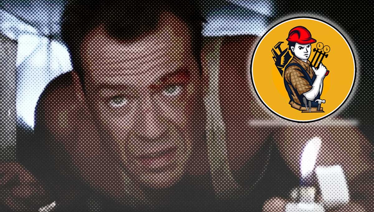 A man in a tank top crawls through a narrow, dimly lit space holding a lighter—channeling Bruce Wills—while a circular handyman cartoon logo for AC Air Flow System appears in the corner.