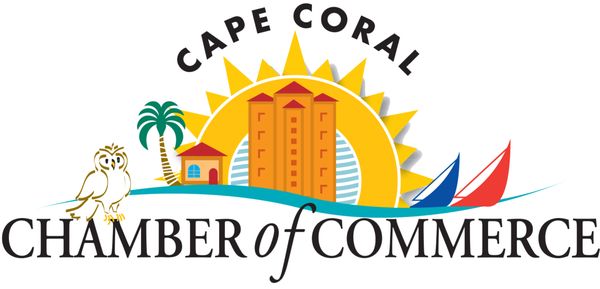 Cape Coral Chamber of Commerce logo featuring buildings, sun, palm tree, owl, and sailboats—capturing the vibrant spirit of Cape Coral.