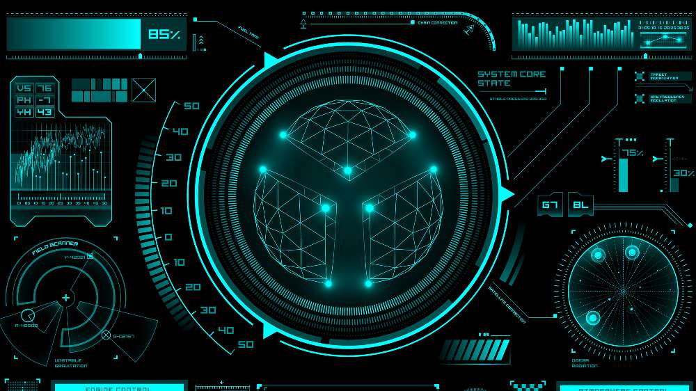 Futuristic digital interface with geometric graphics, circular HUD elements, data charts for choosing central AC, and system status indicators in blue tones on a dark background.