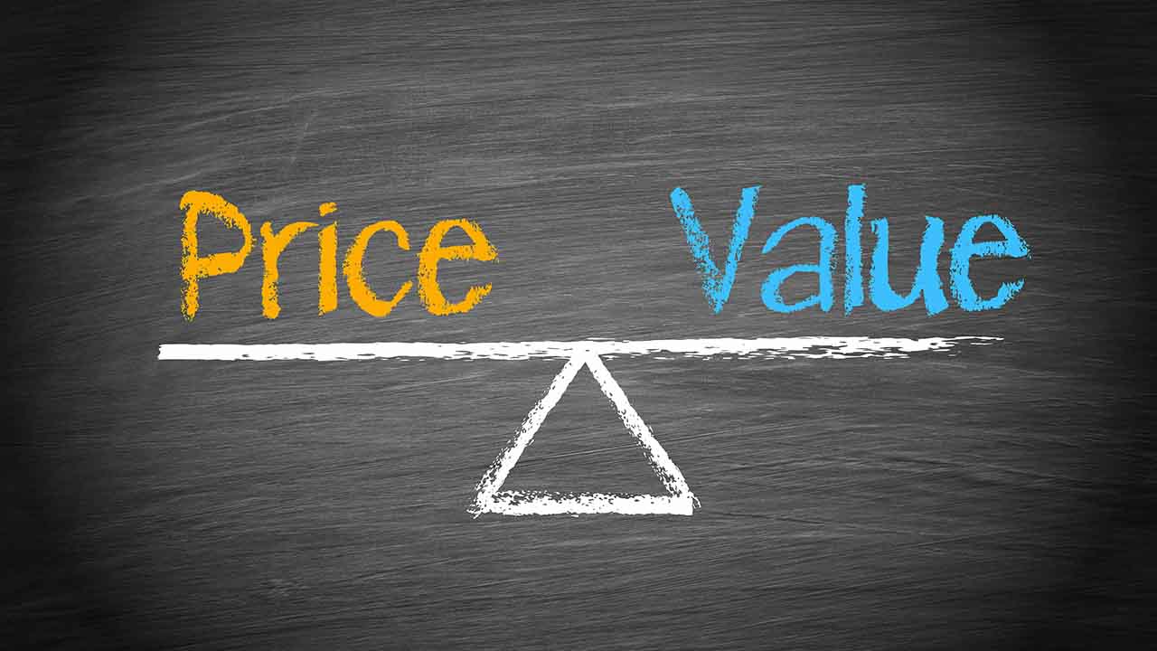 A chalkboard illustration shows the words "Price" and "Value" balanced on a seesaw drawn in white chalk, cleverly representing the balance between AC replacement cost and average AC cost.