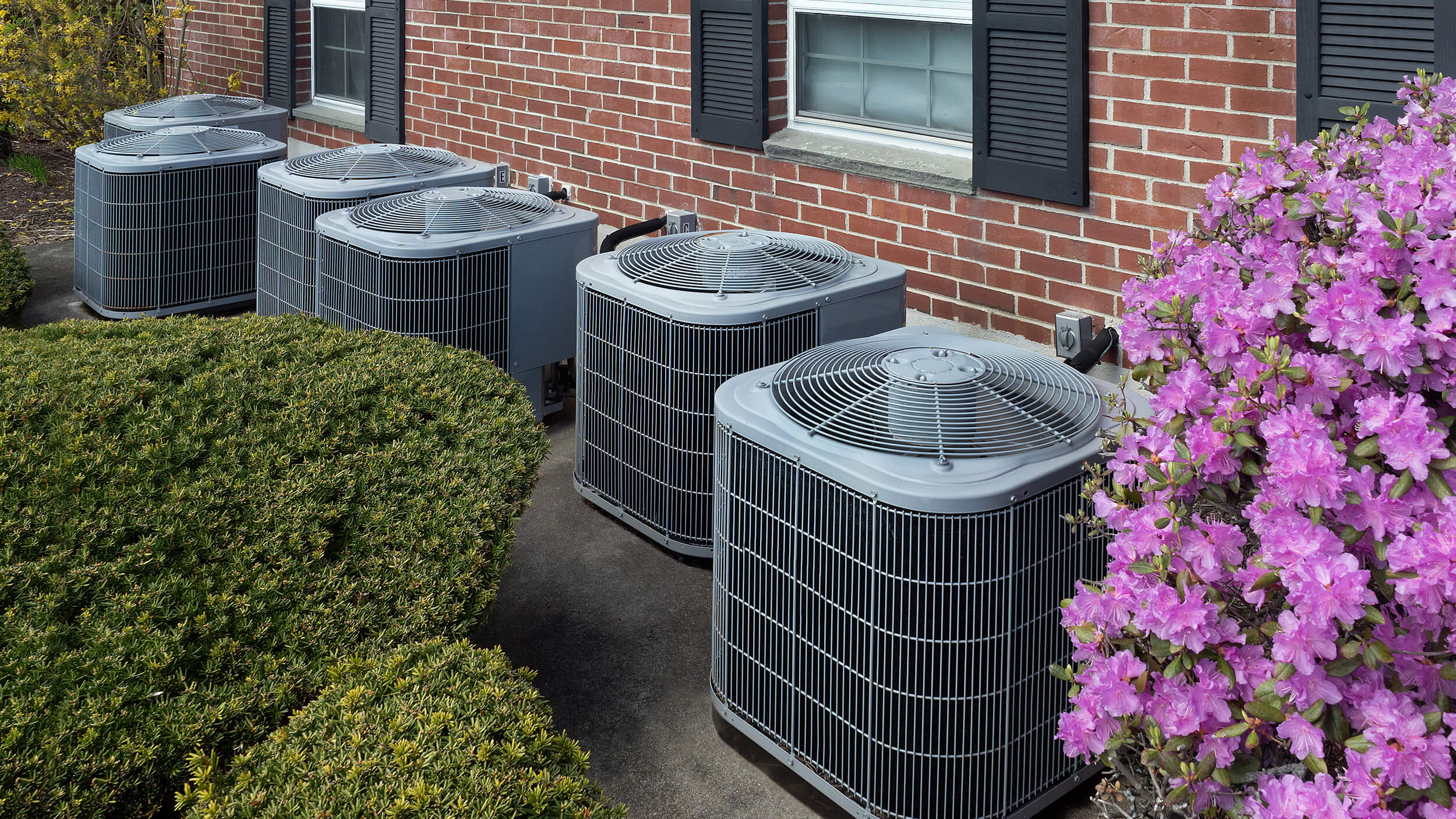 Five central AC units are lined up beside a brick building with windows, surrounded by green bushes and blooming pink flowers—a perfect spot if you need new AC or are considering a new central AC installation.