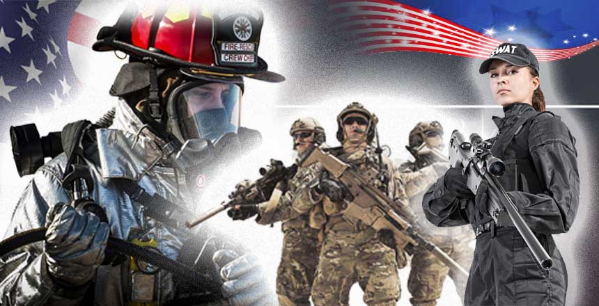 A firefighter in protective gear, armed soldiers in camouflage, and a SWAT officer with a shotgun stand before American flags, honoring first responders who protect our communities.