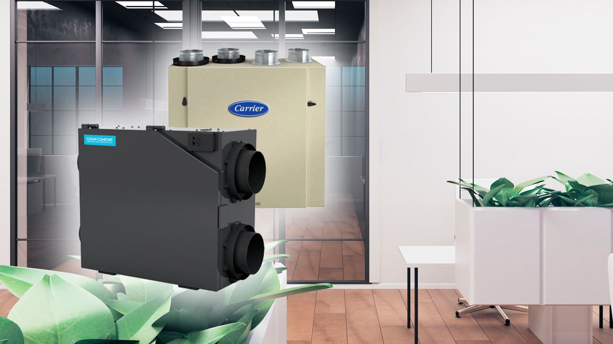 Two air ventilation units are digitally superimposed over an office interior with glass walls, plants, desks, and chairs visible in the background, illustrating the benefits of Heat Recovery Ventilation (HRV) for modern workspaces.