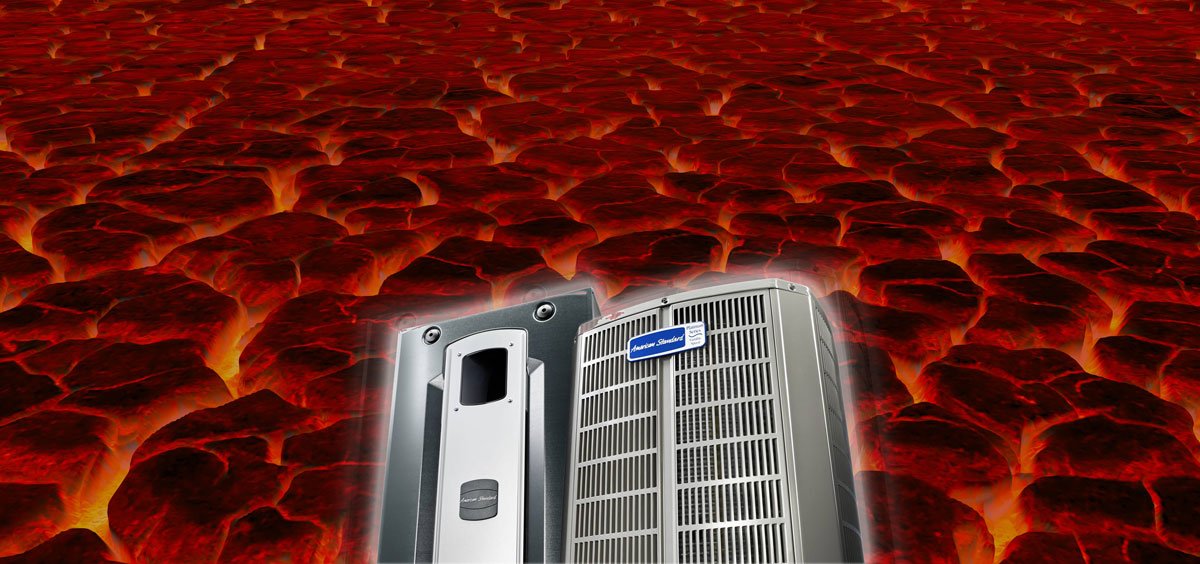 Two AC units stand in front of a cracked, glowing, lava-like ground, ready to battle the intense summer heat.