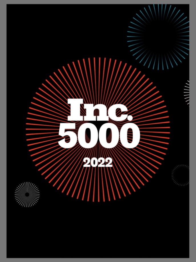 Inc. 5000 2022 logo in white text over a large red circular burst pattern, highlighting revenue growth, with smaller burst designs on a solid black background.