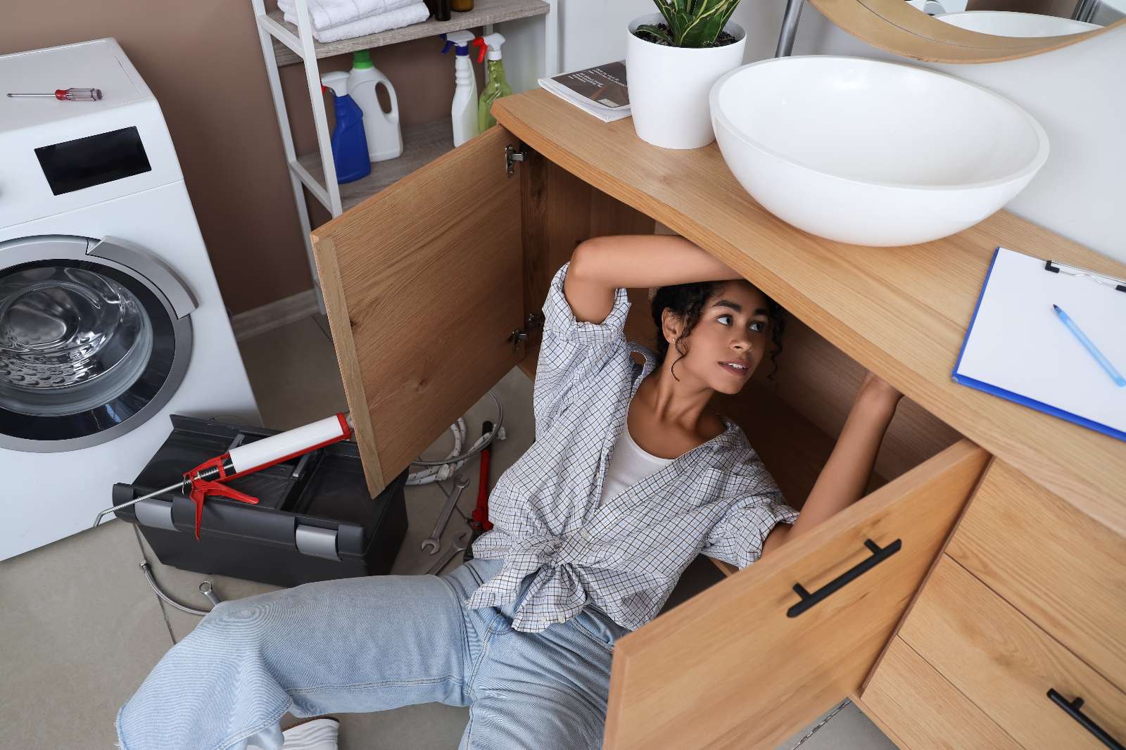 A woman lies on the floor under a bathroom sink, inspecting plumbing for a possible sink repair. Nearby, a washing machine, cleaning supplies, and a toolbox are visible.
