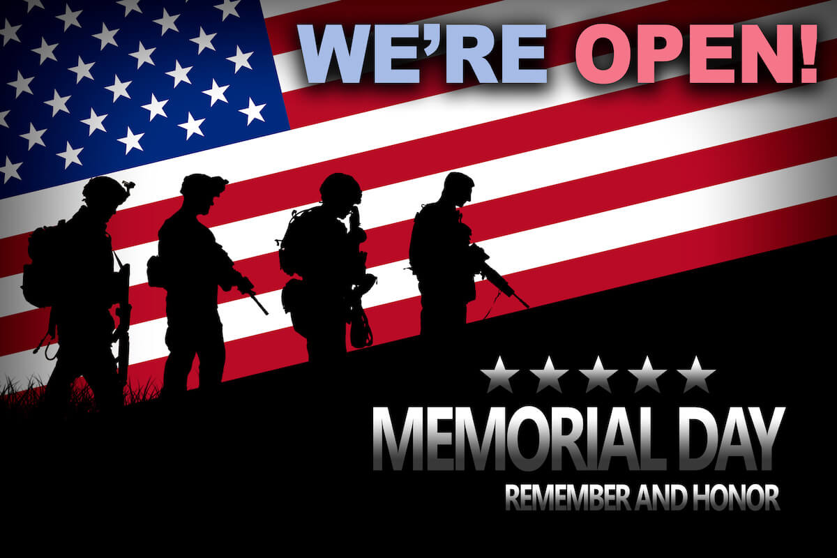 Silhouettes of soldiers in front of a U.S. flag with text: "We're Open! Air Pros honors our soldiers this Memorial Day—Remember and Honor.
