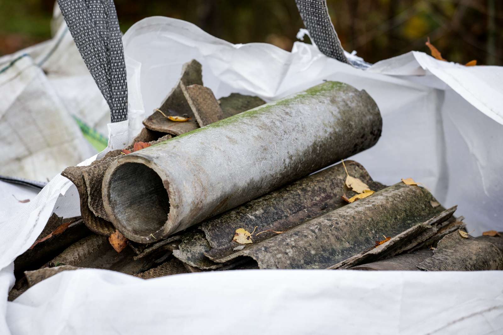 A white bag filled with old, weathered asbestos cement pipes and sheets, some covered in moss and fallen leaves.