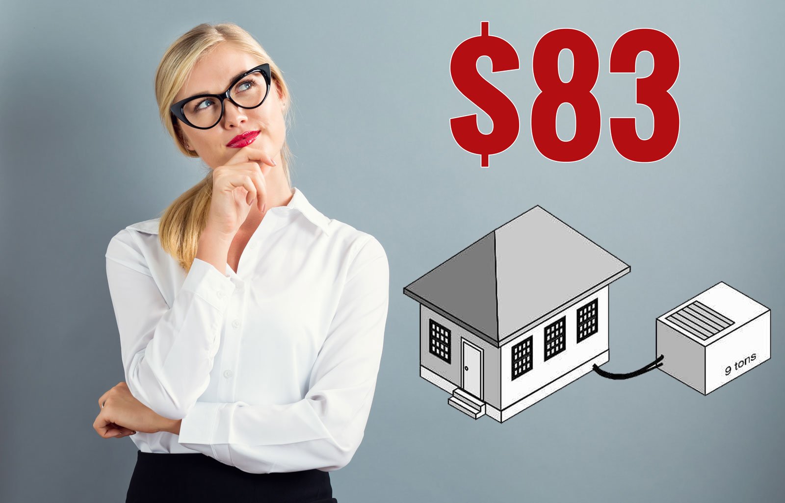 A woman in glasses looks thoughtful next to a graphic showing a house connected to an HVAC unit and a large red "$83," highlighting how you can save on central AC and lower energy bills.