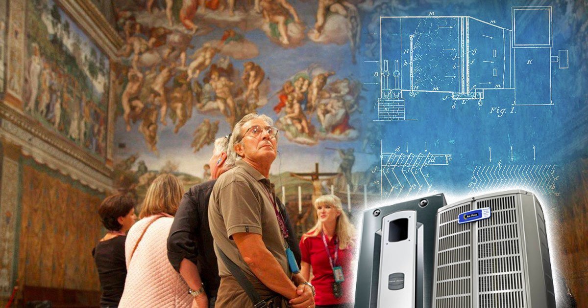 Visitors observe frescoes in the Sistine Chapel, overlaid with technical HVAC diagrams and images of advanced temperature control systems.