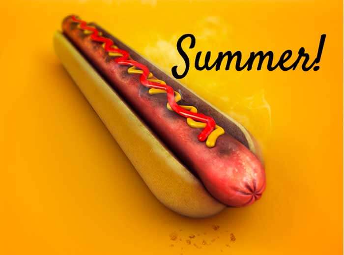 A hot dog with ketchup and mustard on a bun sits on a yellow background, celebrating the Earth tilts towards the sun for 46 days, with the word "Summer!" written in black script.