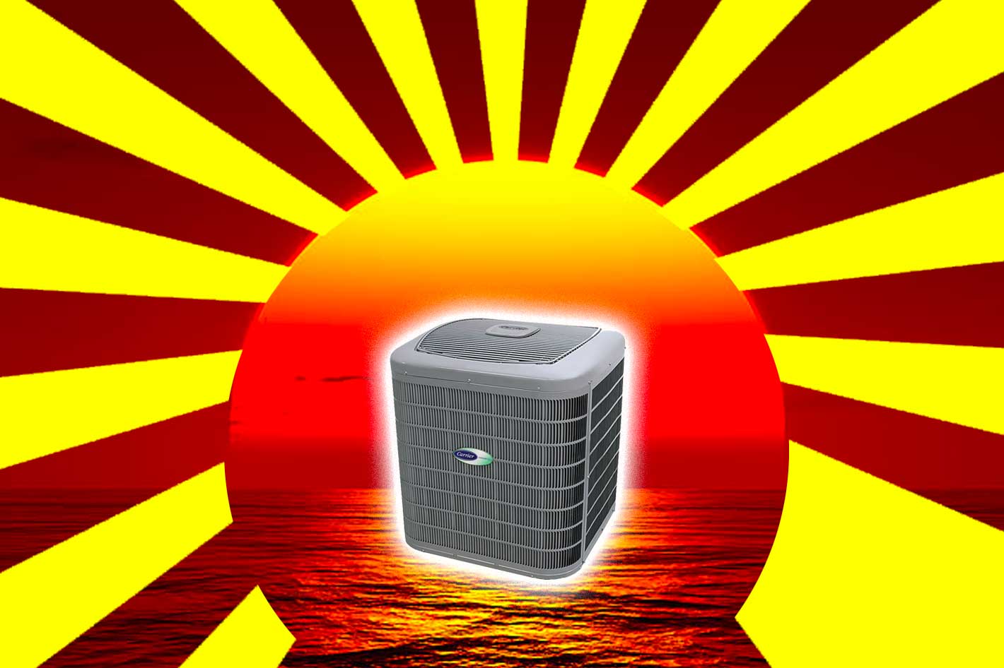 A central air conditioning unit is centered in front of a stylized sunset with yellow rays extending outward over a red and orange ocean background, evoking the summer solstice and offering inspiration to save money on cooling this season.
