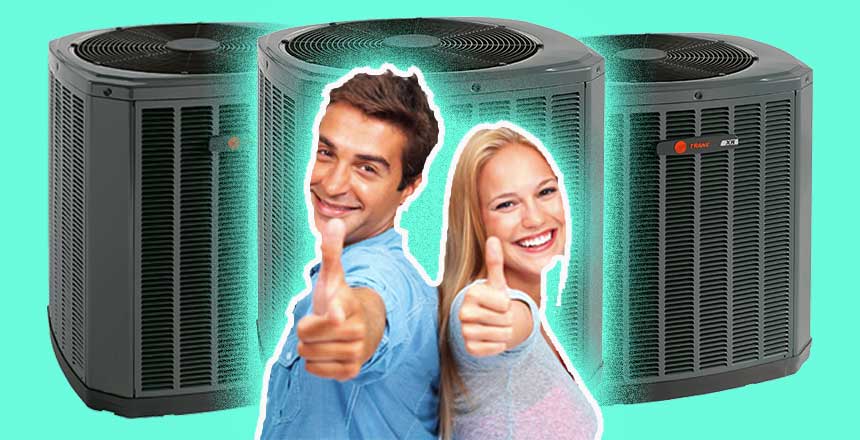 Two people smiling and giving thumbs up in front of three large Trane Central AC units, on a turquoise background.