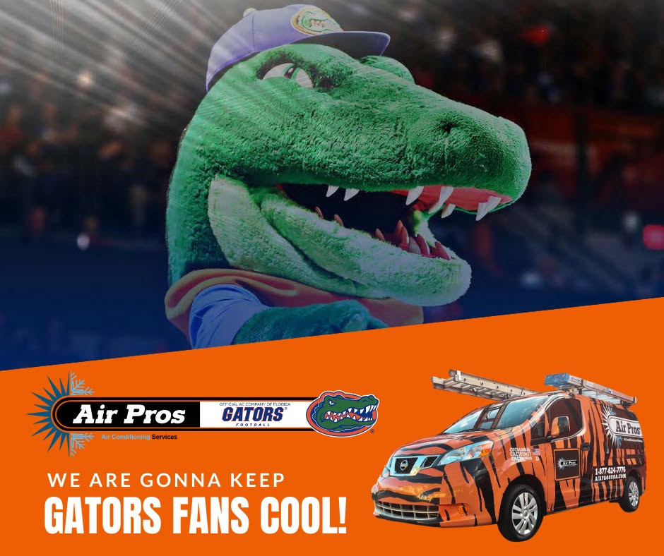 A costumed Florida Gators mascot stands behind a branded Air Pros van, spotlighting their role as the official AC Partner and promoting cool comfort for passionate football fans.