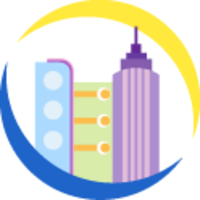 Illustration of three multicolored buildings with a yellow crescent and a blue curved line forming a circular frame, inspired by the vibrant spirit of the Miami Beach Chamber Of Commerce.