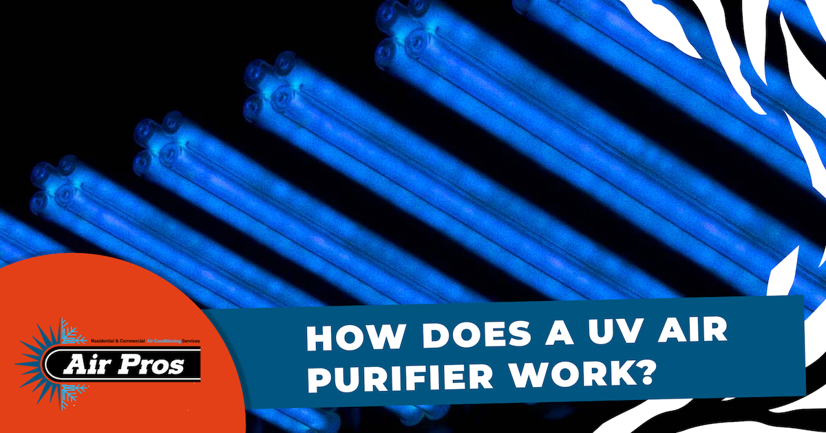 Several UV light tubes glow blue above a banner that reads, "How does a UV air purifier work?" An "Air Pros" company logo appears in the lower left corner, highlighting the benefits of using a UV air purifier for cleaner air.
