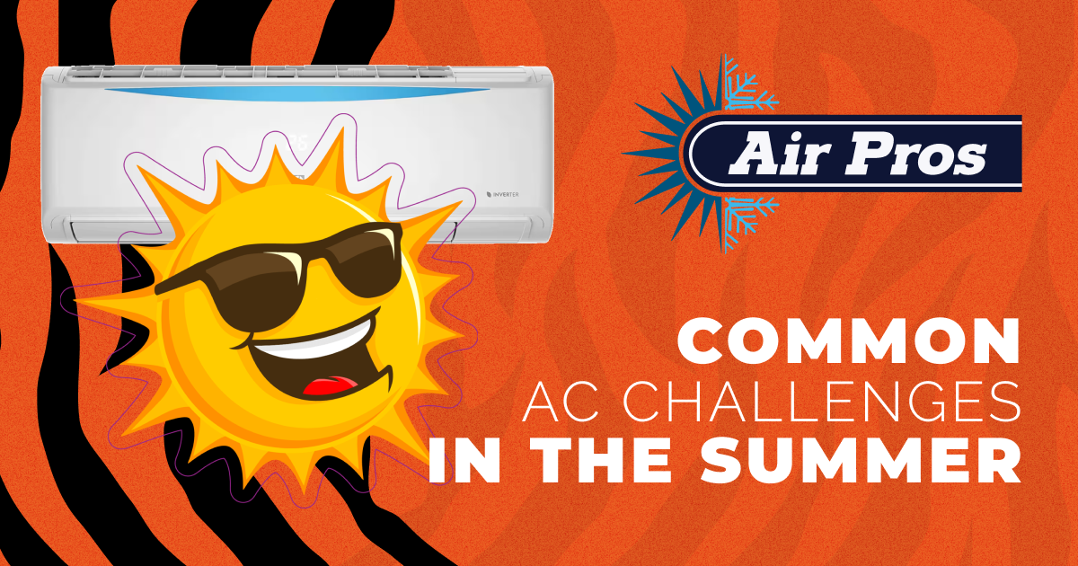 An air conditioner, the Air Pros logo, and a smiling sun with sunglasses appear above the text “Common AC challenges in the summer” on an orange background with black stripes, highlighting emergency AC repair services for summer.