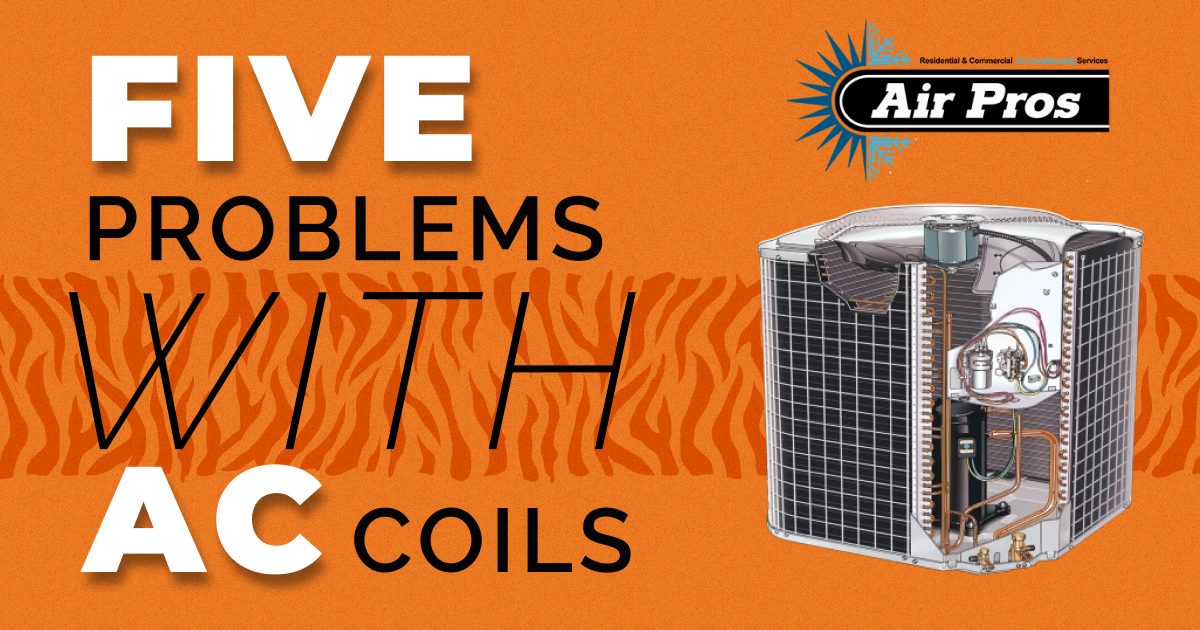 Text reads "Five Problems with AC Coils" next to a diagram of an air conditioning unit, highlighting common AC Coil Problems, with the Air Pros logo at the top right on an orange background.