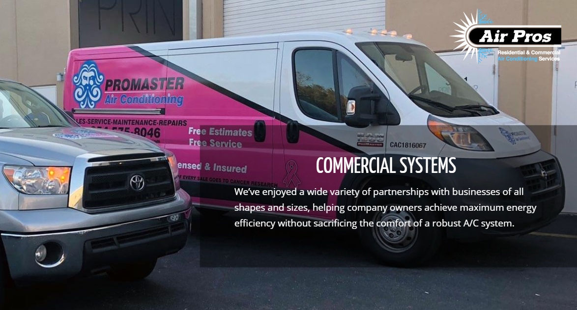 A white and pink ProMaster Air Conditioning van is parked beside a gray Toyota truck outside a Coral Springs commercial building; an Air Pros logo appears in the top right corner.