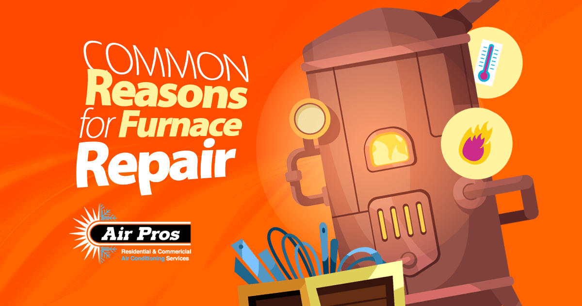 Illustration of a furnace with repair tools, gauges, and an AC drain line, alongside the text "Common Reasons for Furnace Repair" and the Air Pros service logo on an orange background.