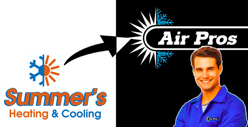 Split image with "Summer's Heating & Cooling" logo on the left and "Air Pros Fort Lauderdale, Florida" logo with a man in a blue shirt on the right, connected by an arrow.