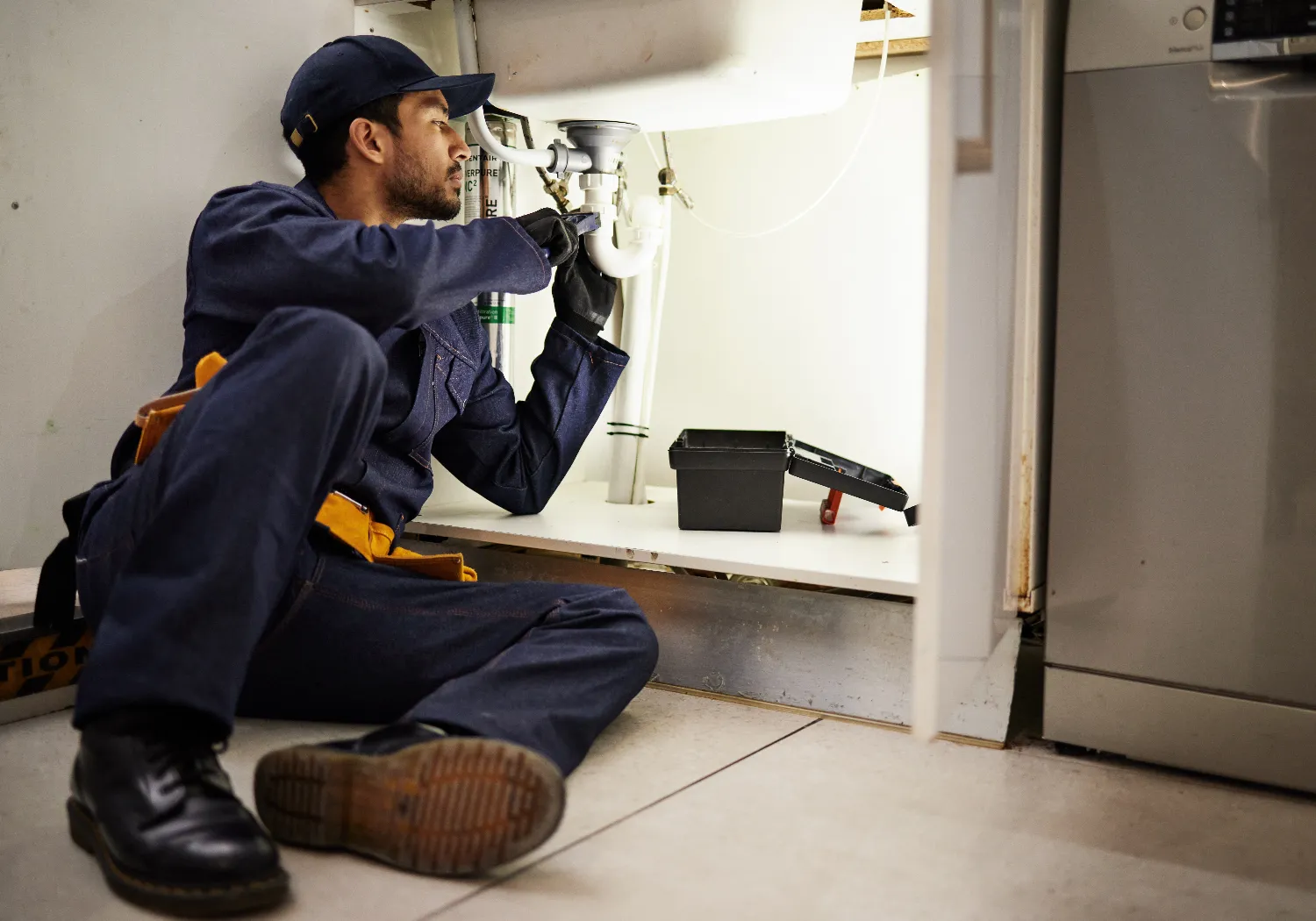 A plumber wearing a uniform and gloves sits on the floor fixing kitchen plumbing pipes under a sink, with a toolbox beside him.